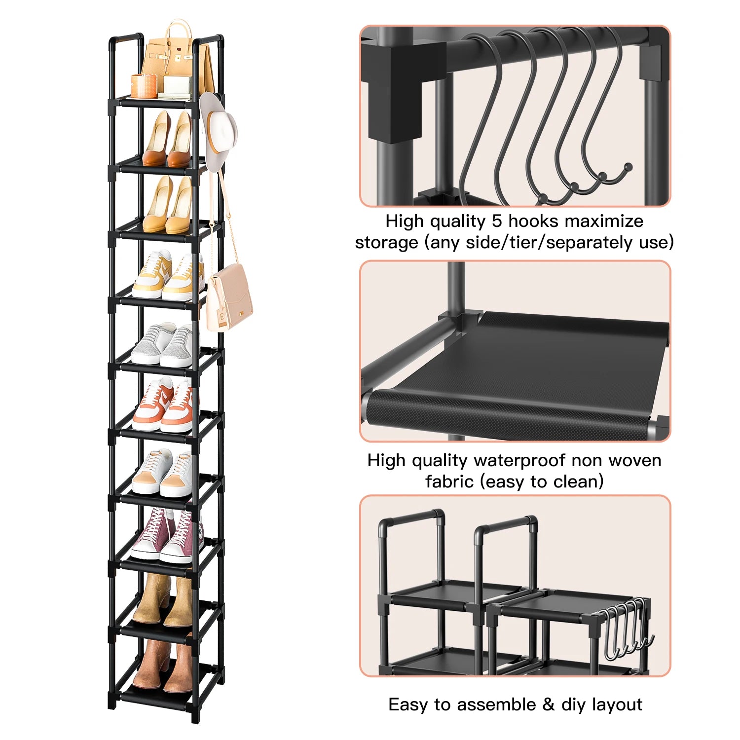 Tall Shoe Rack 10 Tiers, Sturdy Metal Space Saving Corner Shoe Rack Organizer For Closet, Entrance, Doorway, Garage, Living Room