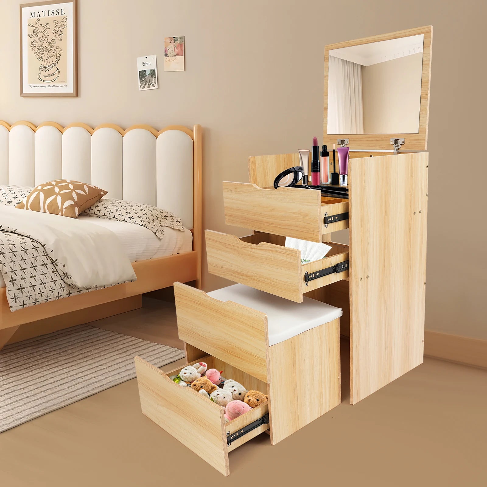 48CM Makeup Table with Makeup Stool, Cabinet with 3 Drawers , +Flip Mirror Modern Style Log Color