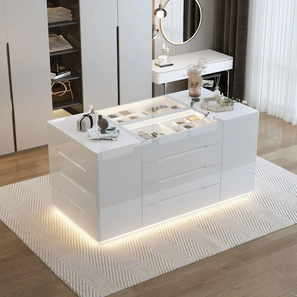 Armoire Bedroom Island Wardrobe Closet Island with 16 Drawers & Glass Tabletop, Island Dresser with Jewelry Organizer, Closet Is