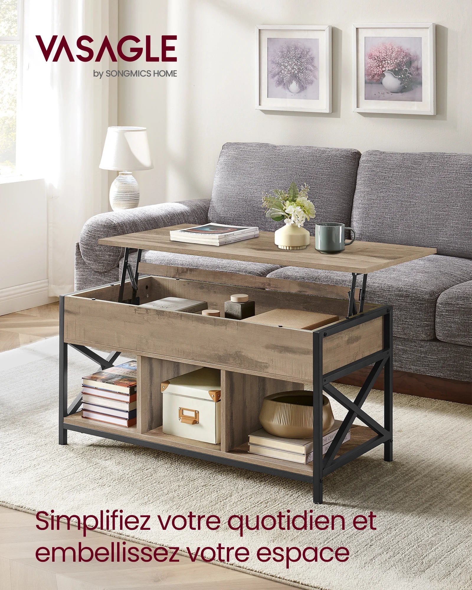 Coffee Table, Lift-Up Coffee Table, Steel Frame, 50 x 100 x (46.5-62) cm, Camel Brown and Black