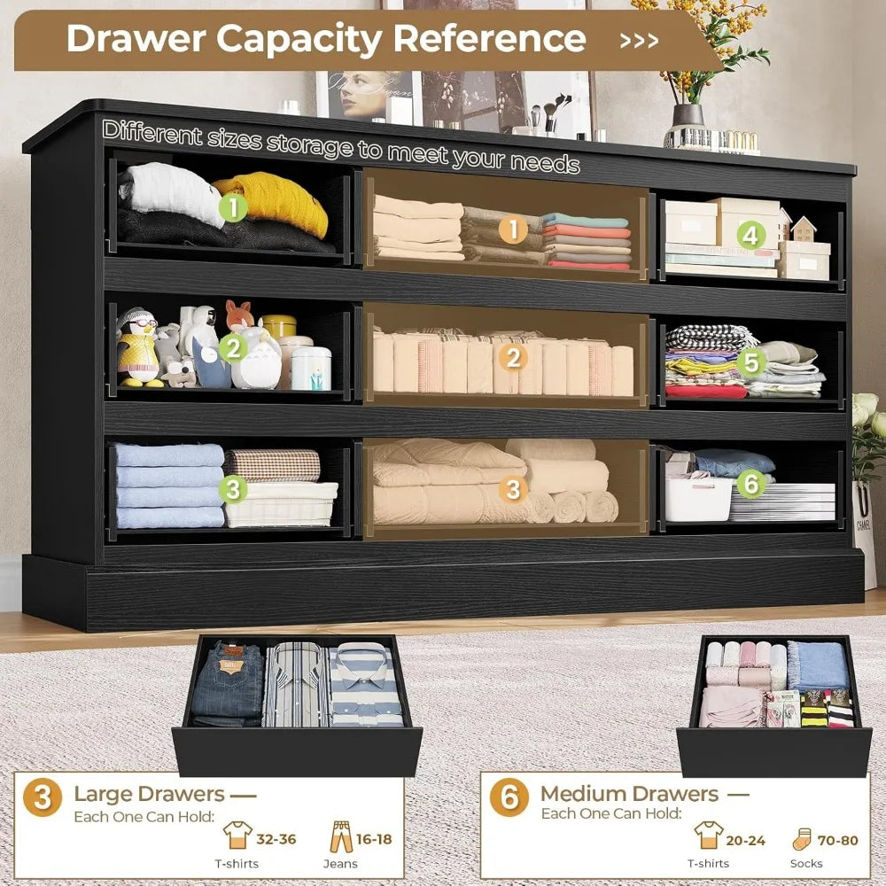 Modern Black Dresser for Bedroom with 9 Drawers, 61.4"Wide Dressers Chest of Drawer with Large Capacity Storage, Long Dresser T