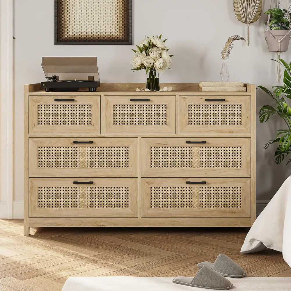 7 Drawer Dresser for Bedroom, Rattan Chest of Drawers with LED Lights, Wood Storage Dresser Chest with Metal Handle, Modern Sto