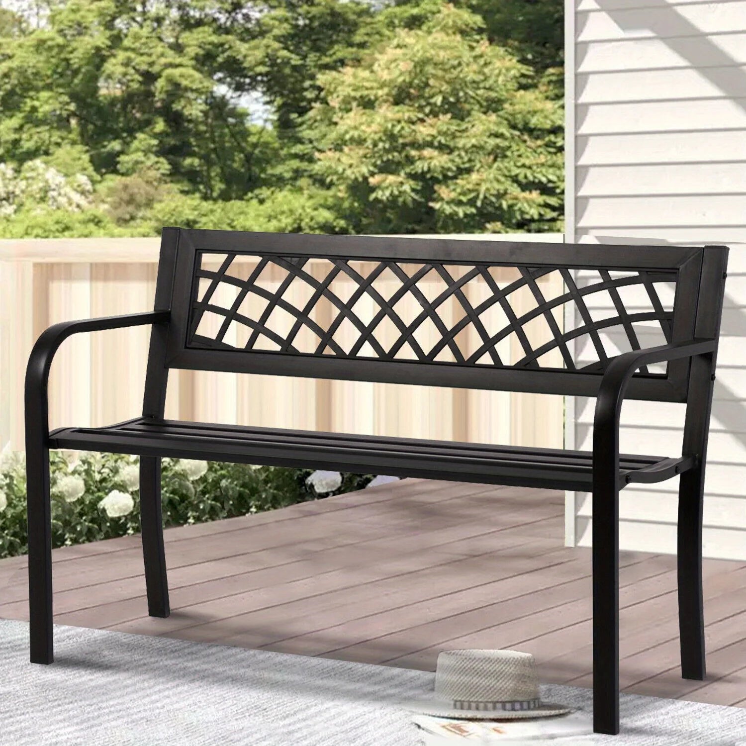 Outdoor Metal Patio Bench Porch Park Bench Cast Iron Sturdy Steel Garden Bench