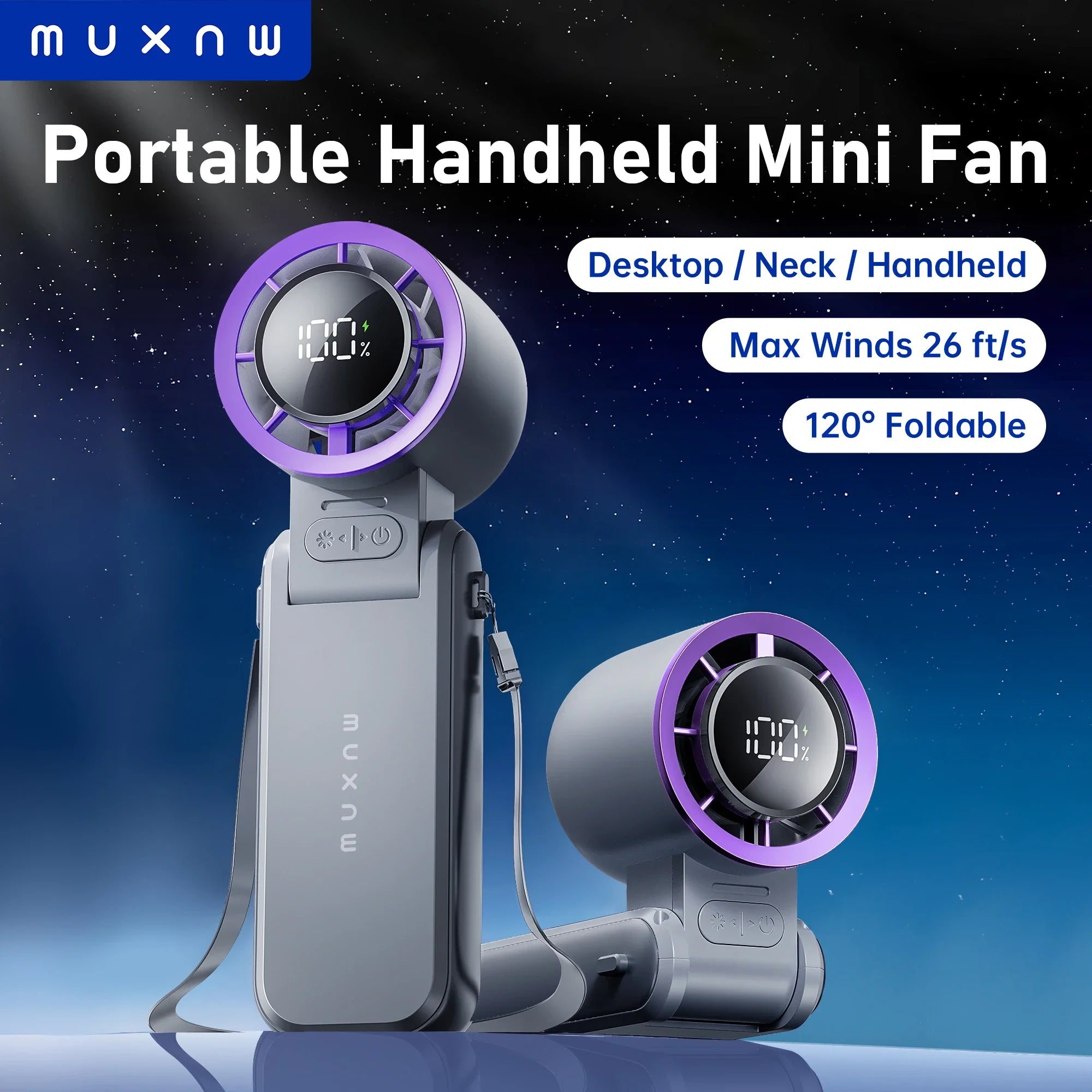 MUXNW Portable Handheld Mini Fan: 3 IN 1, 100 Speed Turbo, Foldable, L