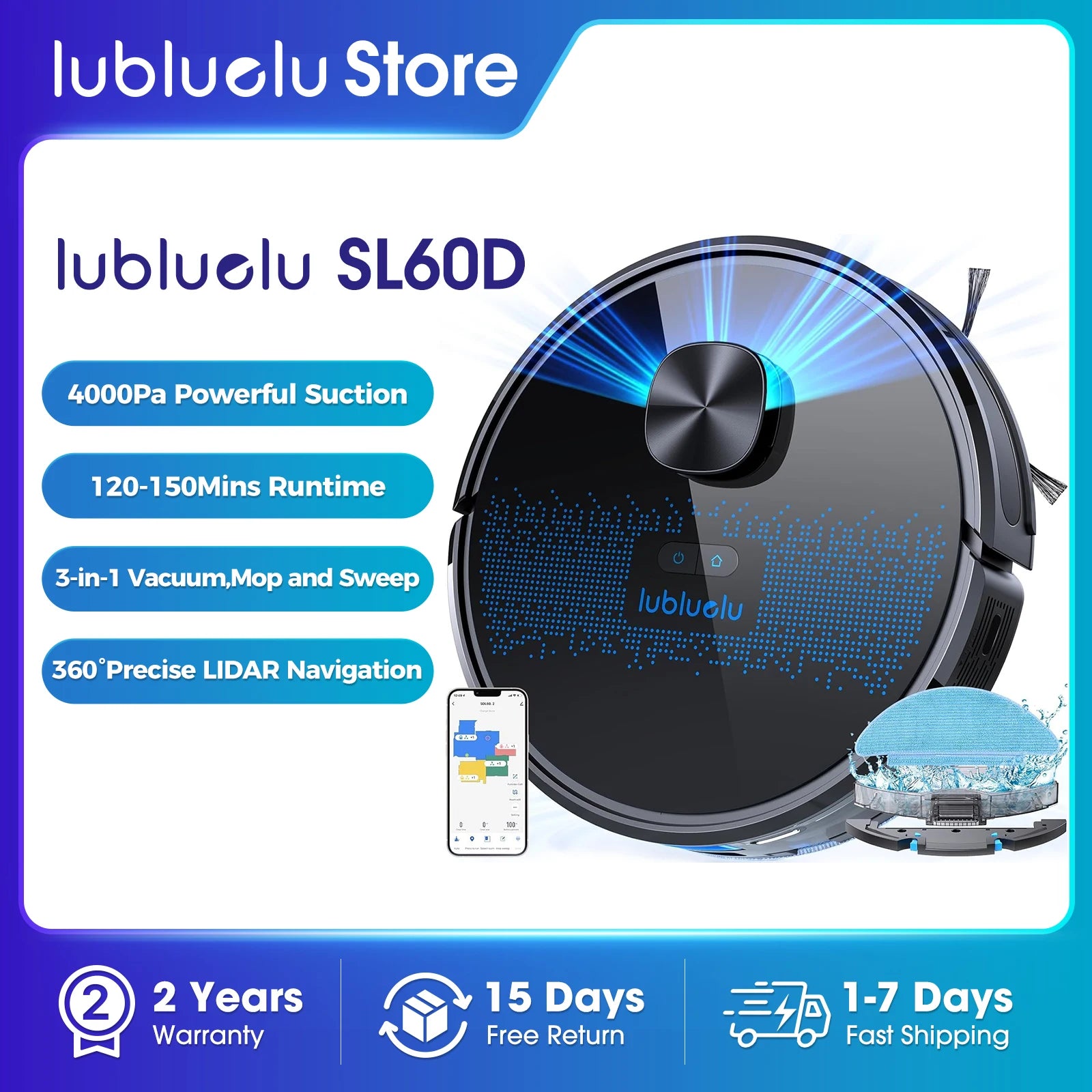 Lubluelu SL60D Robot Vacuum and Mop Combo - 4000Pa Suction, 150Mins Runtime, Quiet Operation, 10 No-Go Zones, Smart App Control