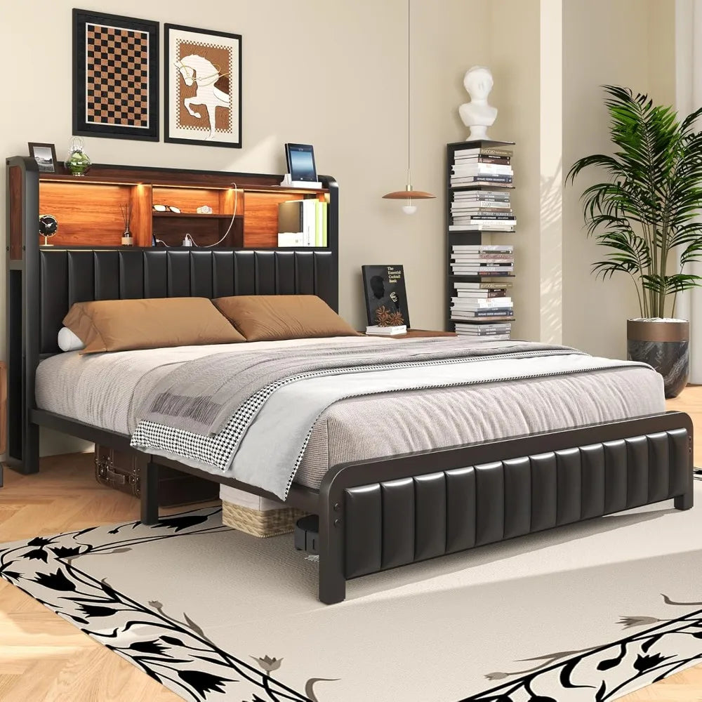 Full Bed Frame 54.3" Tall with 3-Tier Storage Headboard and PU Leather, Metal Platform Bed Frame with LED Lights and Charging