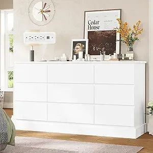 Modern Black Dresser for Bedroom with 9 Drawers, 61.4"Wide Dressers Chest of Drawer with Large Capacity Storage, Long Dresser T