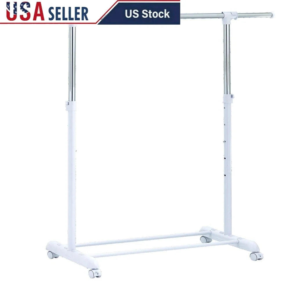 Adjustable Rolling Garment Rack Metal Chrome White Space Saving Design Easy Installation Shoe Storage 84-121Wx44Dx123.5-163Hcm