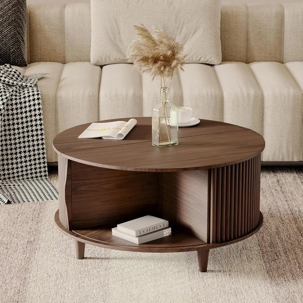 Round Coffee Table with Storage,Mid Century Modern Coffee Table with Sliding Cabinet Door for Living Room,Home Small Space,31.5"