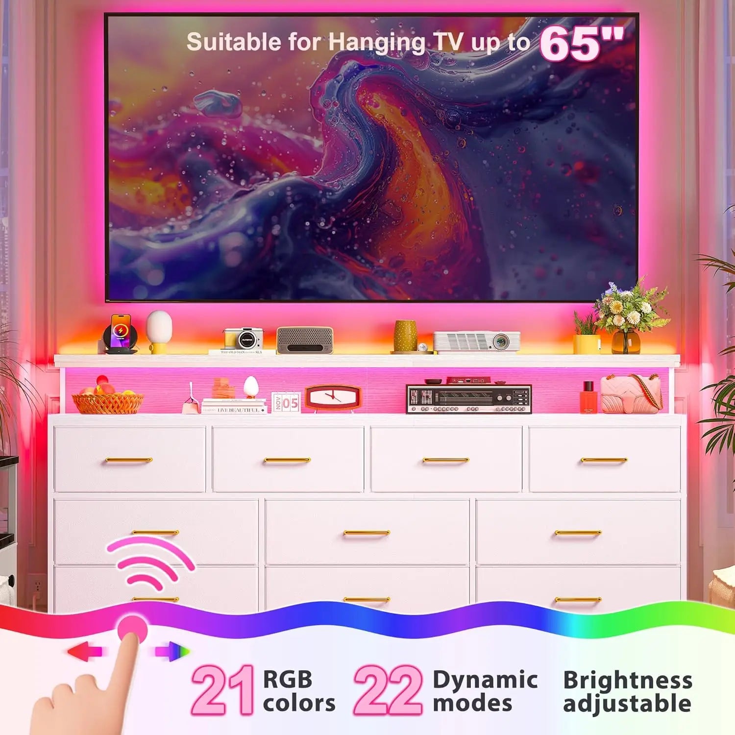 55" W White Dresser for Bedroom with 10 Fabric Drawers Long Dressers & Chests of Drawers with LED Lights & Power Outlets