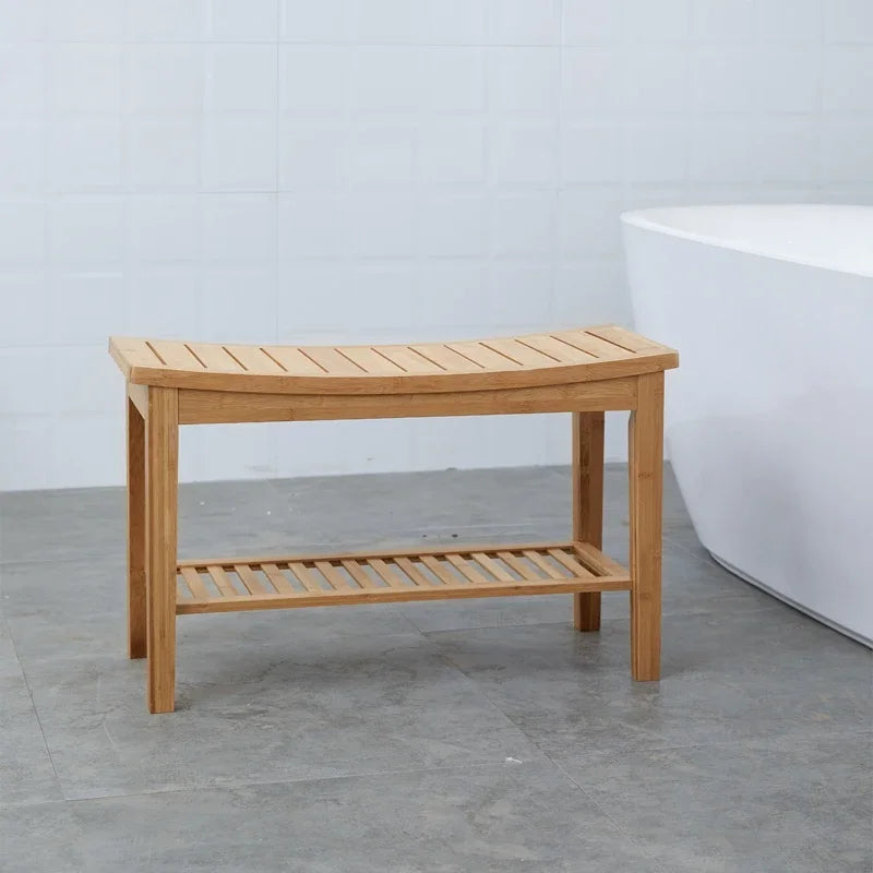 Bamboo Shower Bench Anti Slip Thickening Shower Stool with Storage Shelf Spa Bath Seat for Bathroom Organizer Hallway Bench