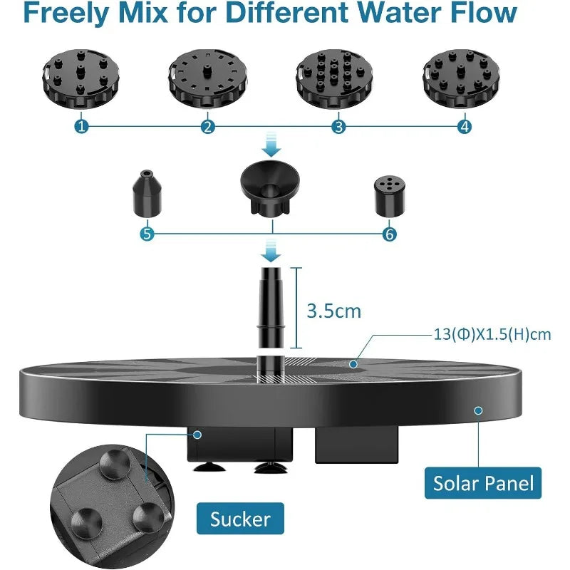 3.5W Solar Fountain Disk Design with 6 Nozzles Fountain Pump for DIY Design Water Splash Powerful Solar Panel Outdoor Decoration