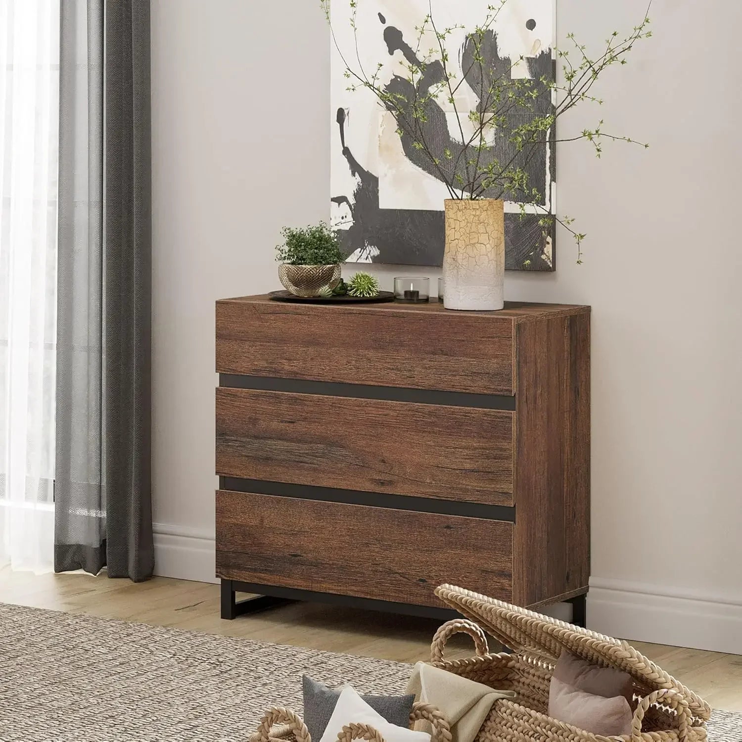 Dresser for Bedroom, Closet Organizers and Storage with 3 Drawers, Chest of Drawers with Metal Base, Modern Wood Dresser