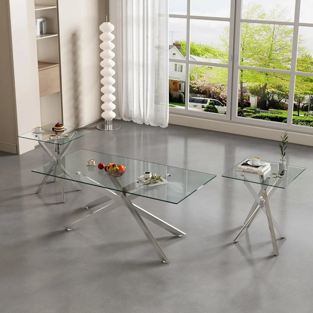 Living Room Set - Glass Coffee Table and 2 End Tables with Modern Design Set of 3 (Small Coffee Table + End Table x2, Silver)