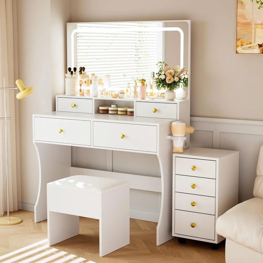 Vanity Desk with Upgraded Silent Slides, 3-Piece Makeup Vanity with Movable Storage Cabinet, Golden Handles, 8 Drawers
