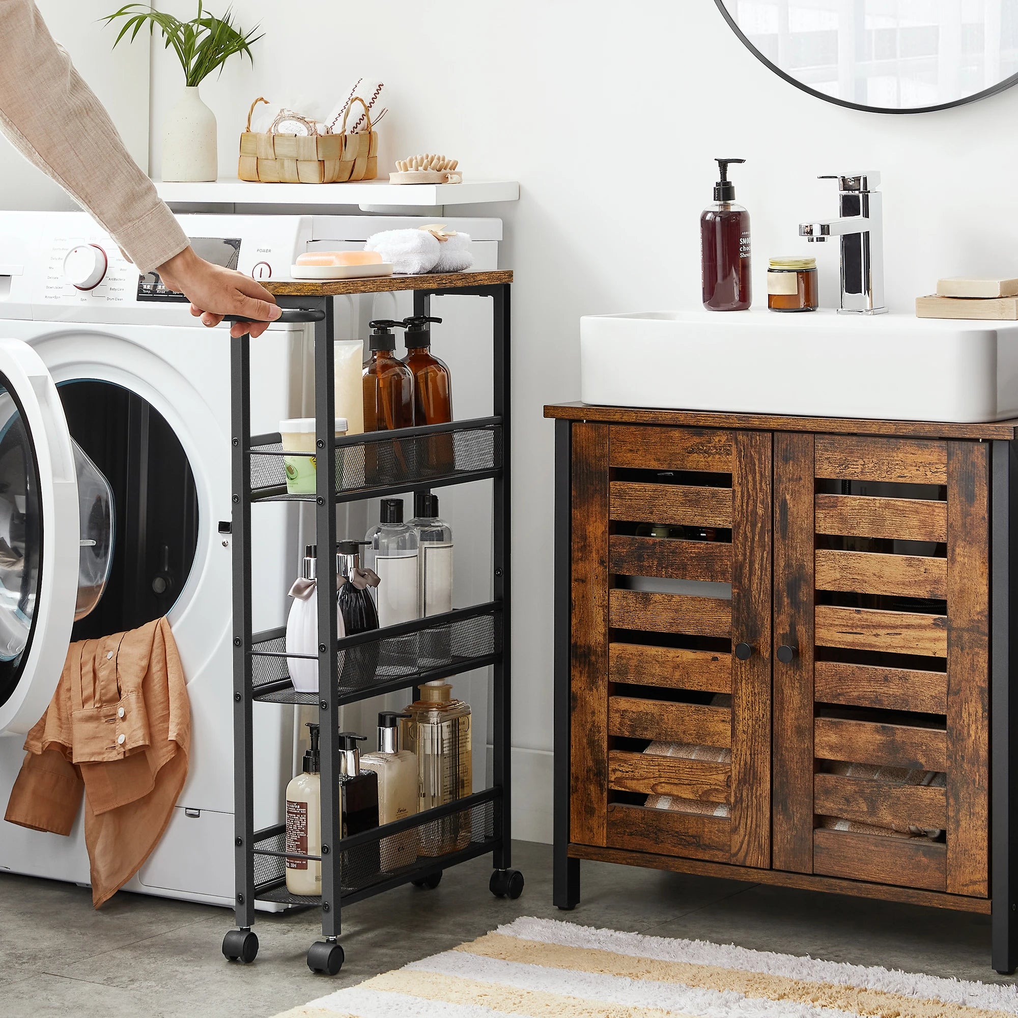 VASAGLE 4-Shelf Trolley, Space-Saving Kitchen Cart with Wheels, Steel Frame, Handle, Trolley for Small Spaces, Kitchen Bathroom