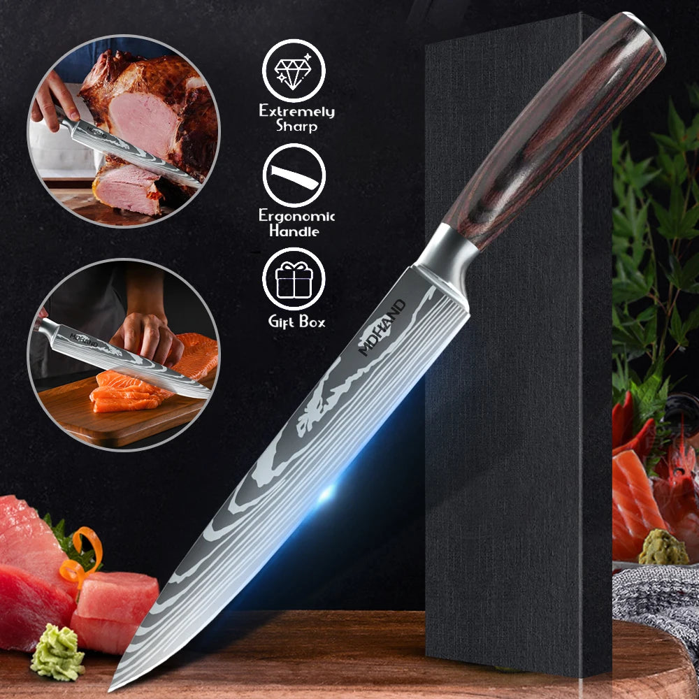 Japanese Utility Knife Slicing Knife Sharp Meat Filleting Salmon Kitchen Chef Knife Damascus Pattern Cooking Knives with Box