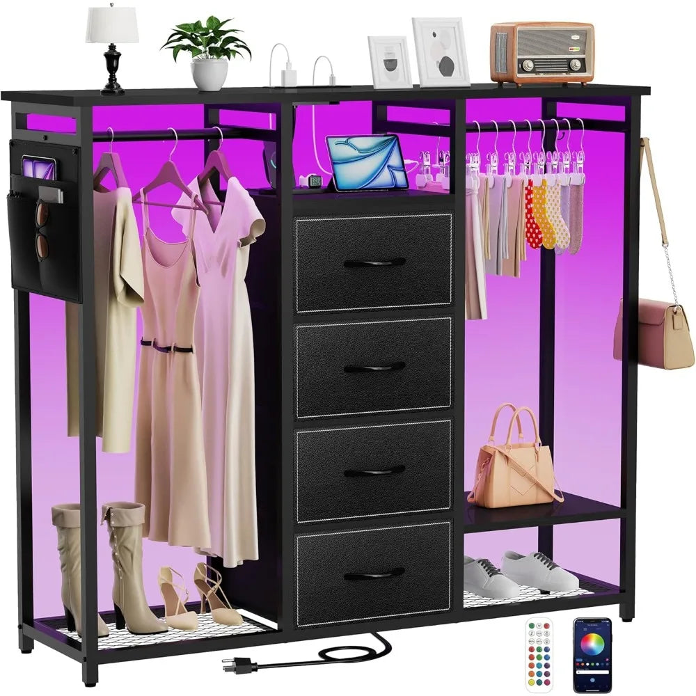Dresser for Bedroom with 2 Clothes Racks, 4 Drawer Closet with Led Light and Charging Station, Black Wardrobe with Hanging Rack,