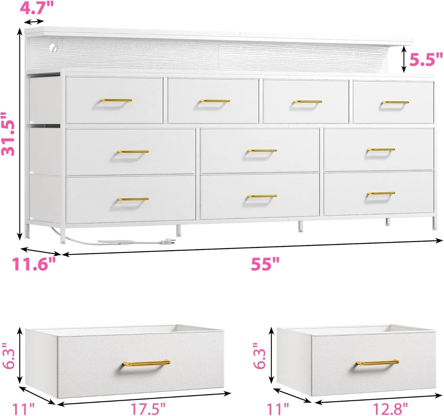 55" W White Dresser for Bedroom with 10 Fabric Drawers Long Dressers & Chests of Drawers with LED Lights & Power Outlets