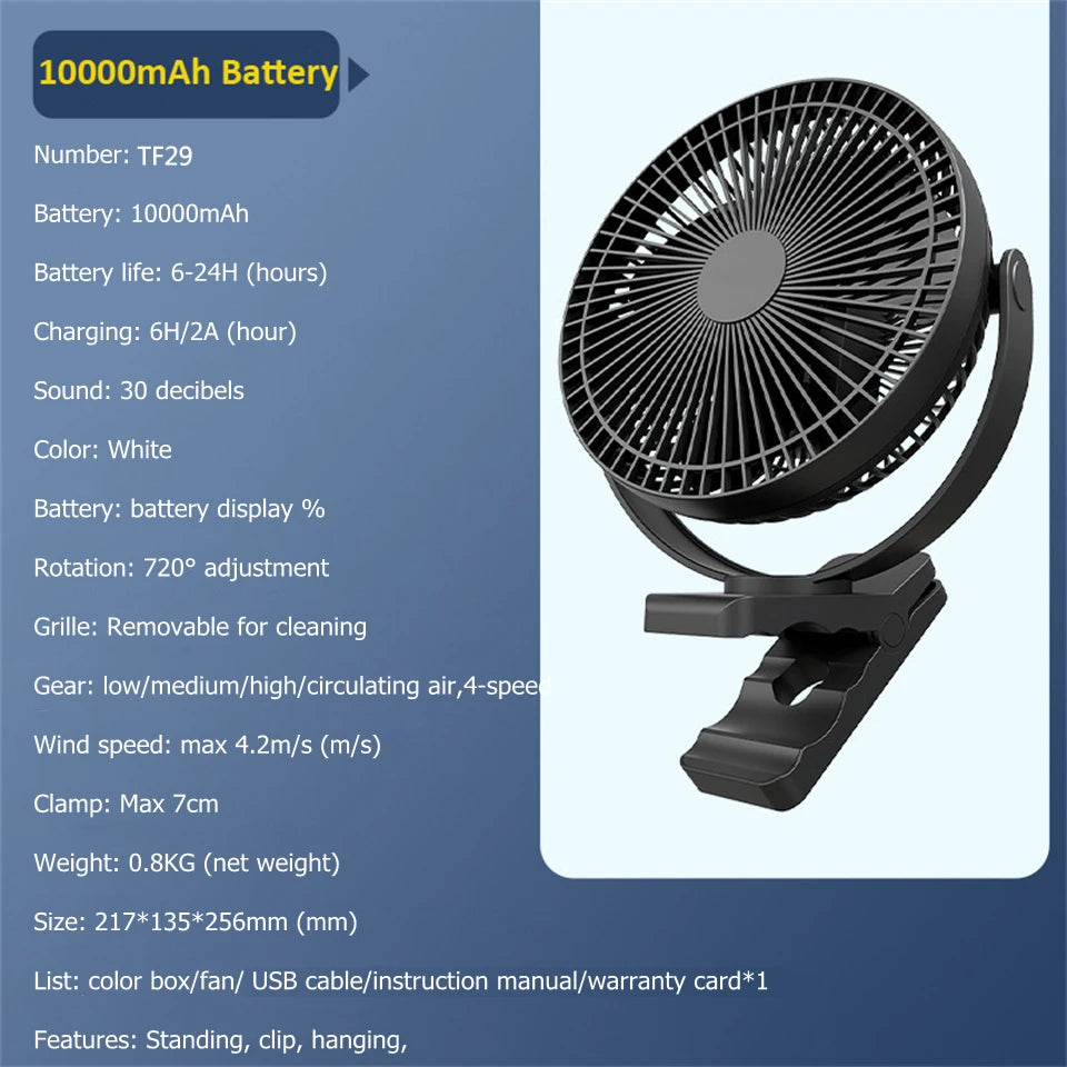 10000mAh 8 Inch Rechargeable Battery Operated Clip on Fan, Air Circula