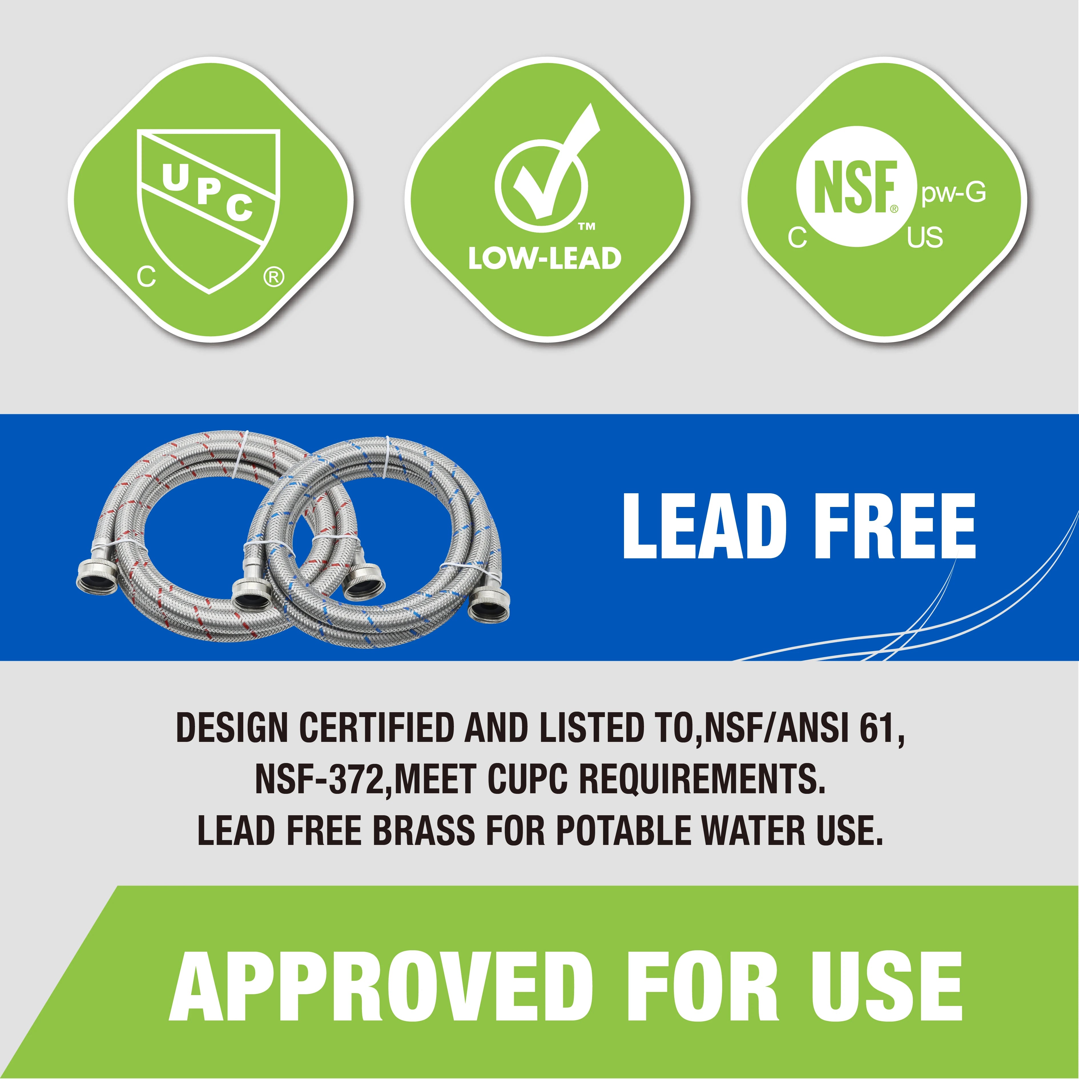 KING SMART 6 FT Washing Machine Hose; Premium Stainless Steel Braided Burst Proof for Hot and Cold Water Supply Lines; 81021