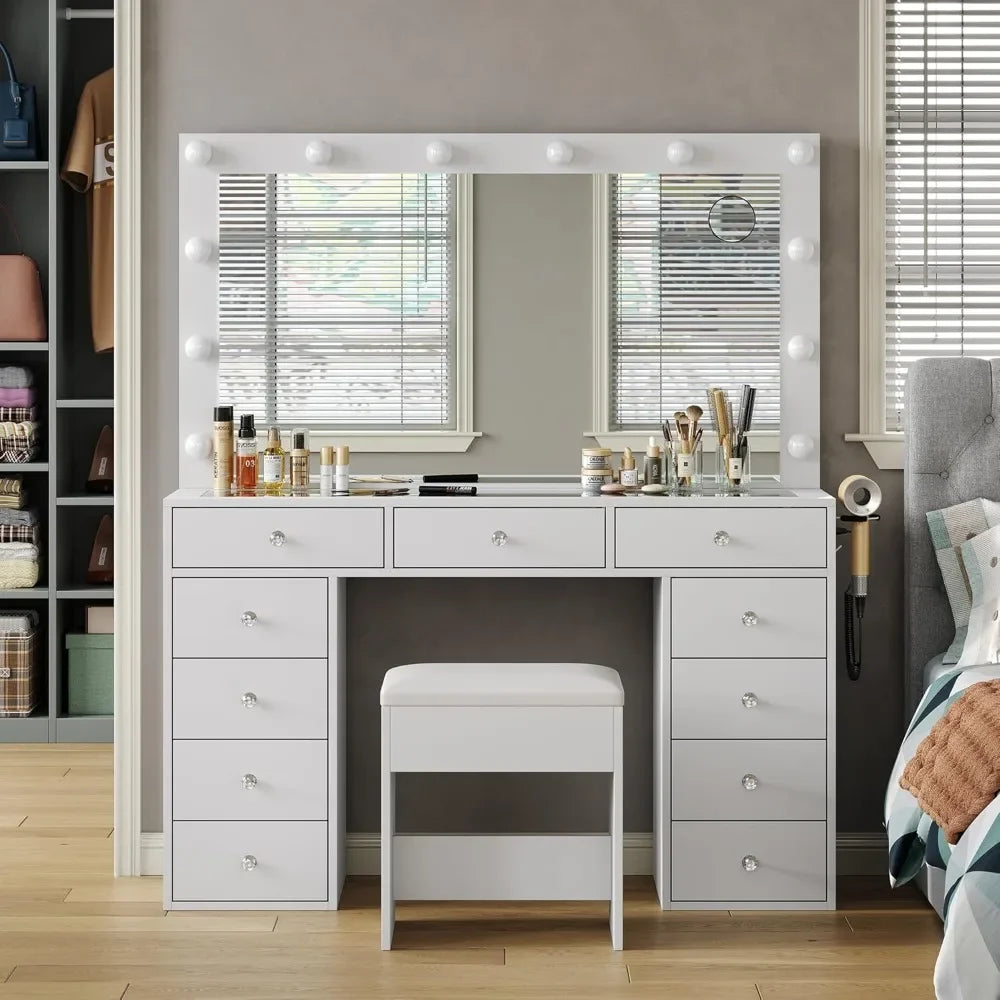Vanity Desk with Power Outlet, Mirror and 12 LED Lights, 3 Lighting Modes,11 Drawers Vanity Table with Chair, Glass Top, Dresser