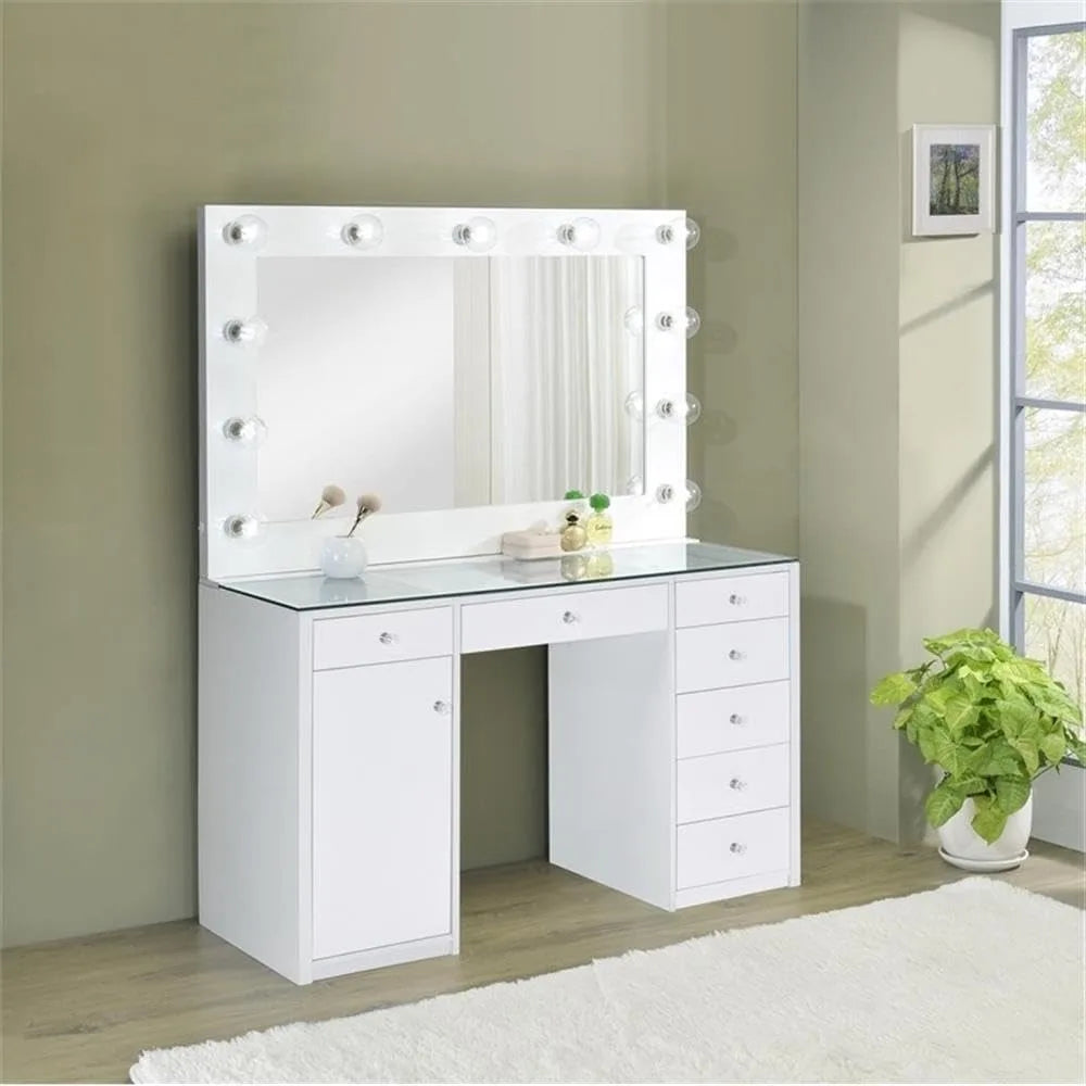 Modern Wood & Glass Vanity Desk with Clear Tempered Glass Top, 7 Spacious Drawers with Crystal-Like Acryl