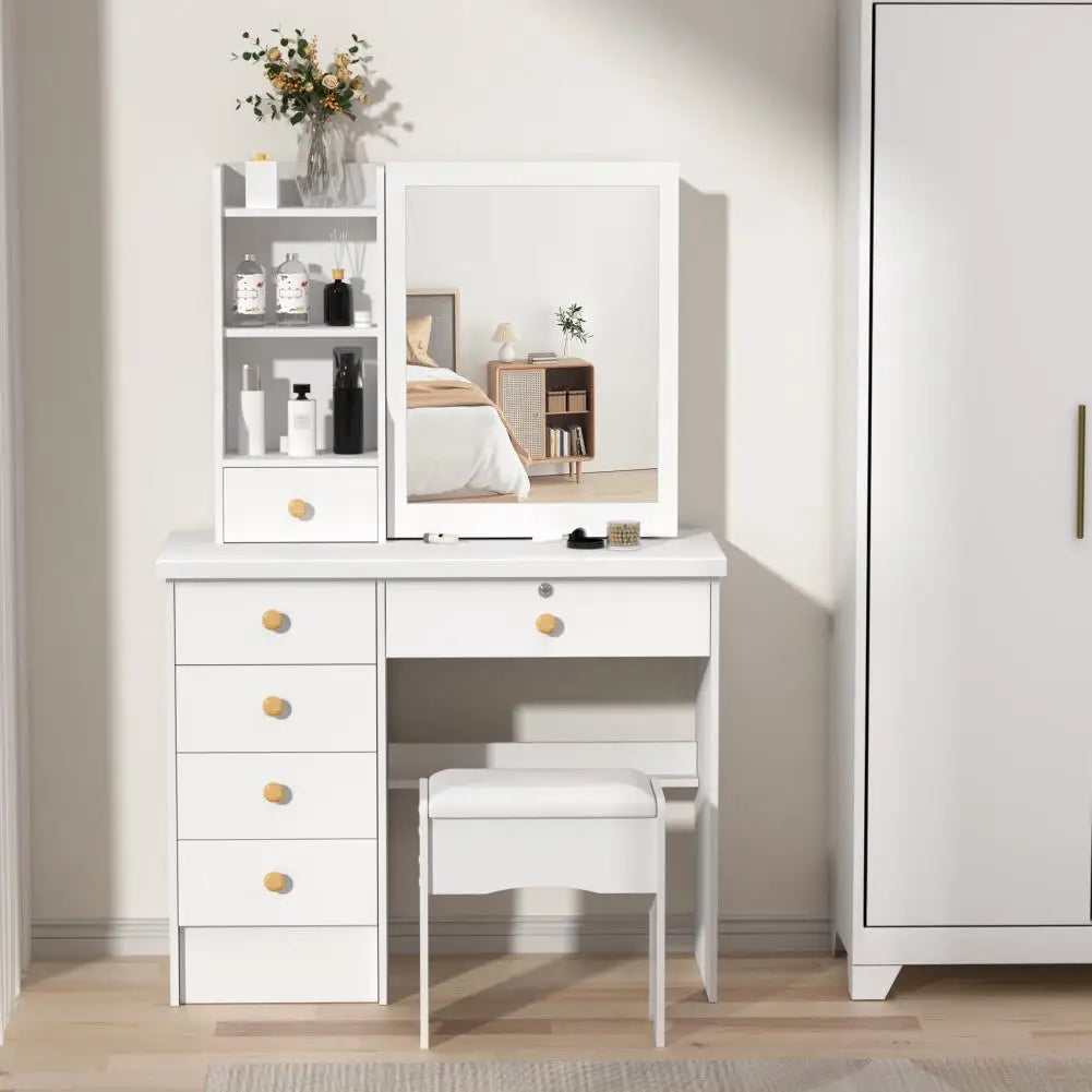 Vanity Desk With Sliding Mirror, Bedroom Dressing Table, Vanity Mirror Desk With 6 Drawers, Open Shelves, Hidden Storage Mirror