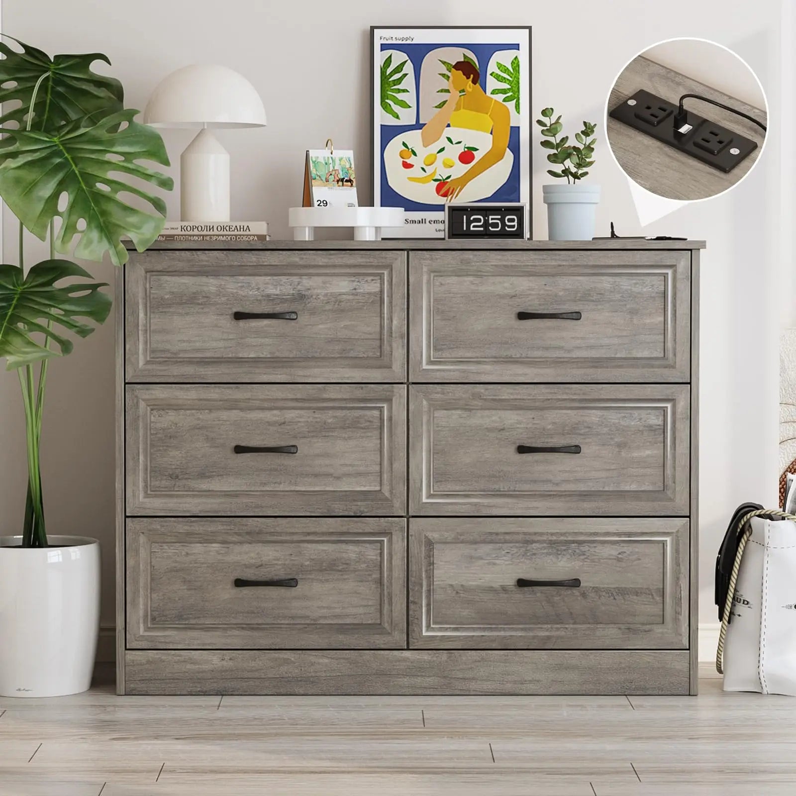 Vabches 6 Drawer Dresser for Bedroom Wood Chest of Drawers with Power Strip Tall Dresser Organizer with Metal Handle for Hallway
