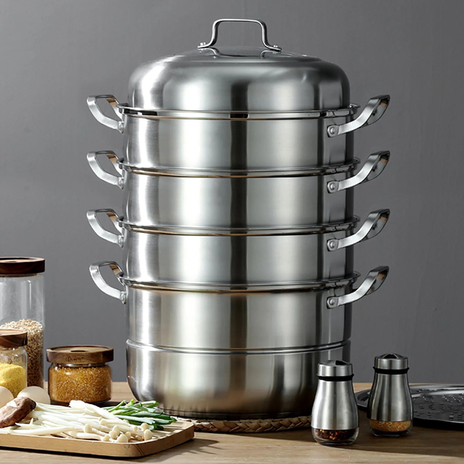 304 Thickened Stainless Steel Steamer, 32cm 5-Layer Stackable Universal Cooking Pot with Lid for Induction and Gas Cooker