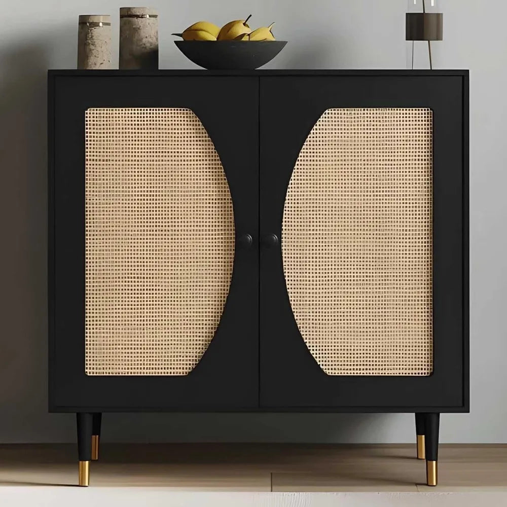 Rattan Buffet Cabinet with Storage, Black Sideboard Cabinet with Rattan Decor Doors, Buffet Table with Storage, Black Console T