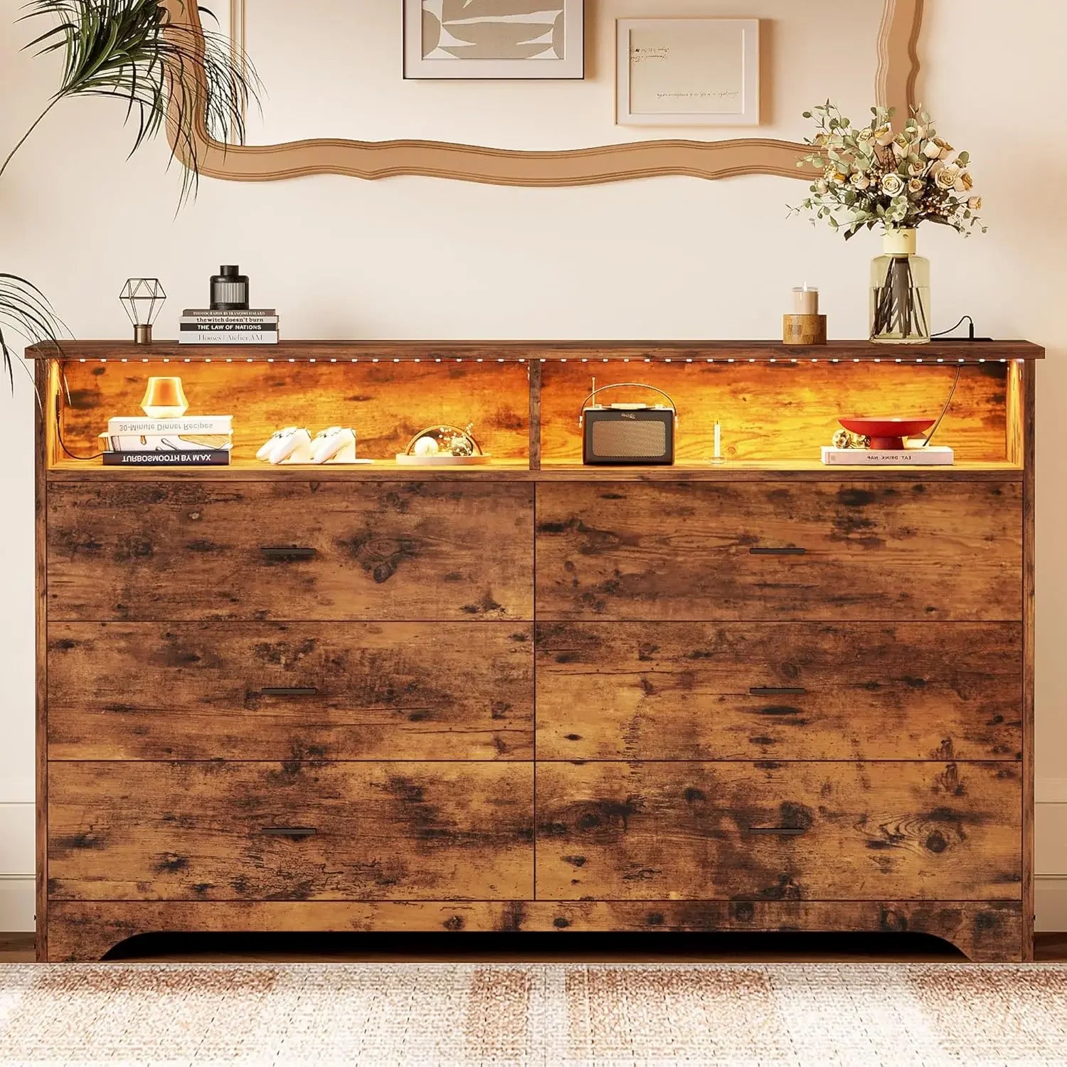 6 Drawer 59"  Dresser with LED and Power Strip, Dressers & Chests of Drawers with Storage Cabinet for Bedroom