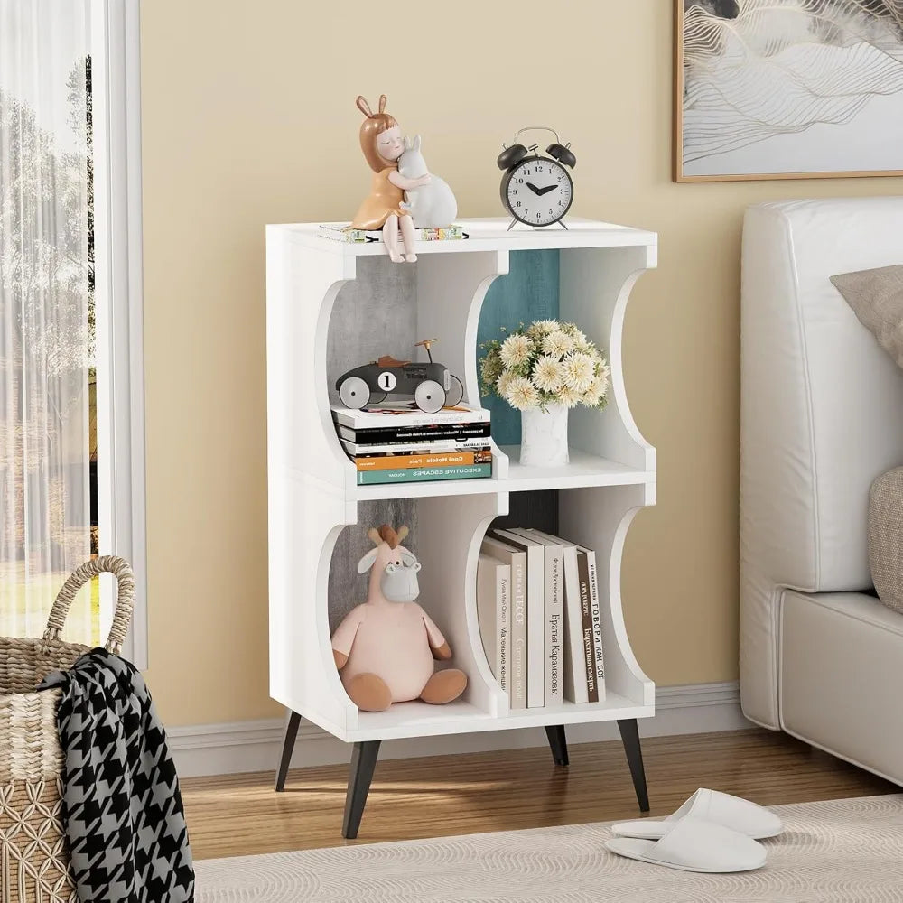 4 Cube Bookcase,White Open Cube Small Bookshelf Circle Arc Storage Shelf Display Cabinet,2 Tiers Modern Wooden Bookcase