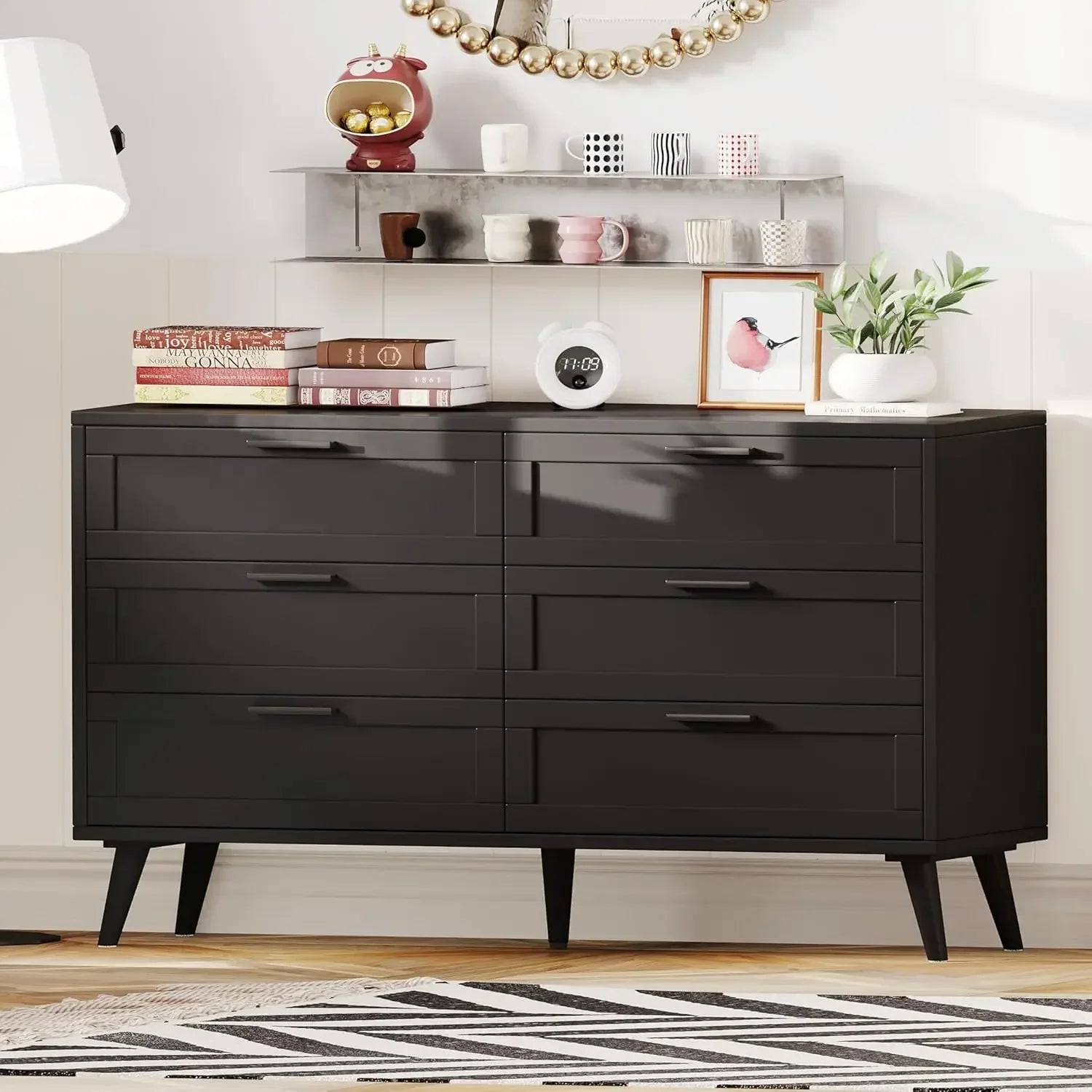 6 Drawer Double Dresser for Bedroom, Rattan Chest of Dressers, Modern Wooden Dresser Chest with Golden Handles