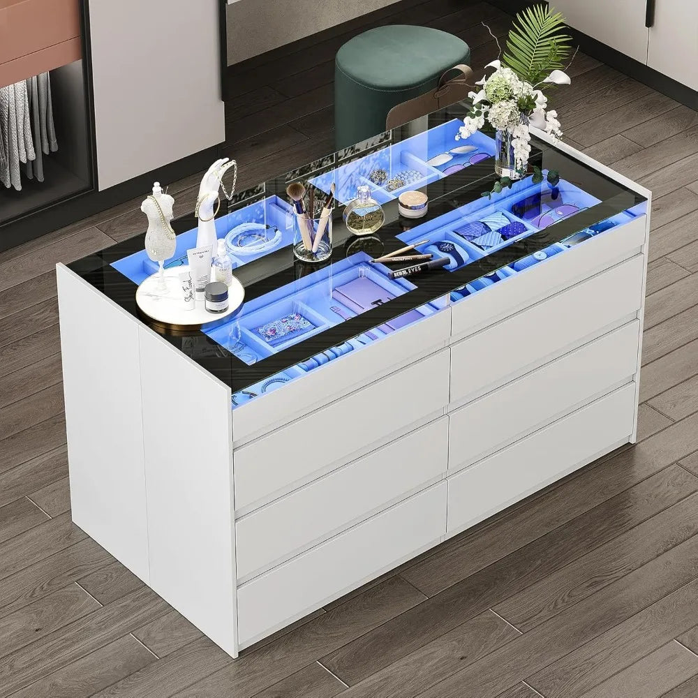 Closet Island with Drawers, 16 Drawers Wardrobe Closet with Glass Top and LED Light,White Island Dresser with Jewelry Organizer