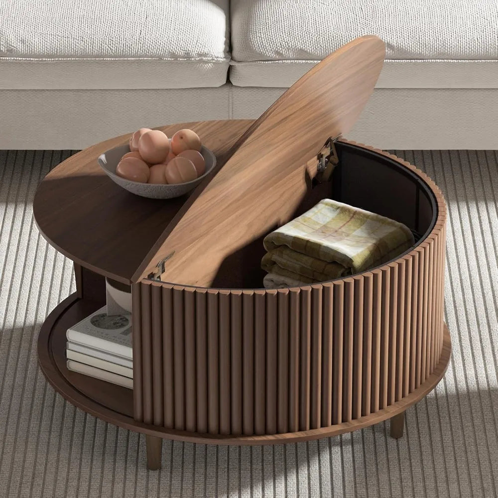 Round Coffee Table with Storage,Mid Century Modern Coffee Table with Sliding Cabinet Door for Living Room,Home Small Space,31.5"