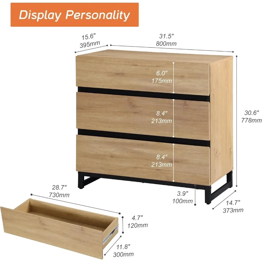 Dresser for Bedroom, Closet Organizers and Storage with 3 Drawers, Chest of Drawers with Metal Base, Modern Wood Dresser