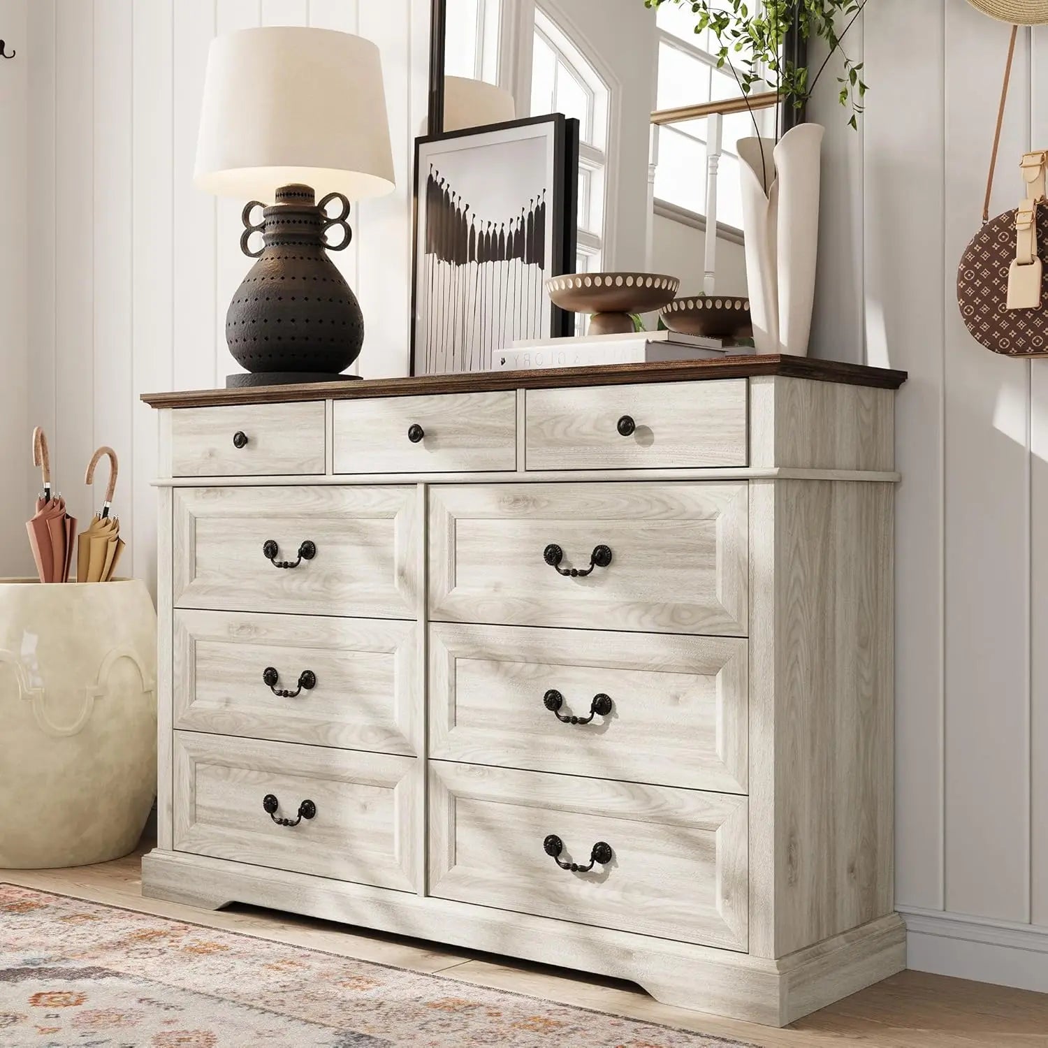 9 Drawers Dresser for Bedroom, Wood Bedroom Dresser Farmhouse Drawer Chest, Tall Dresser for Closet