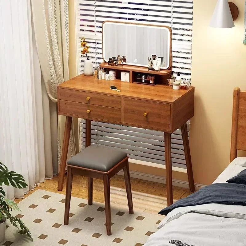 Minimalist Retro Dressers for Bedroom Walnut Color Dressing Tables with Mirror Chair Makeup Dresser Vanity Bedroom Furniture2025