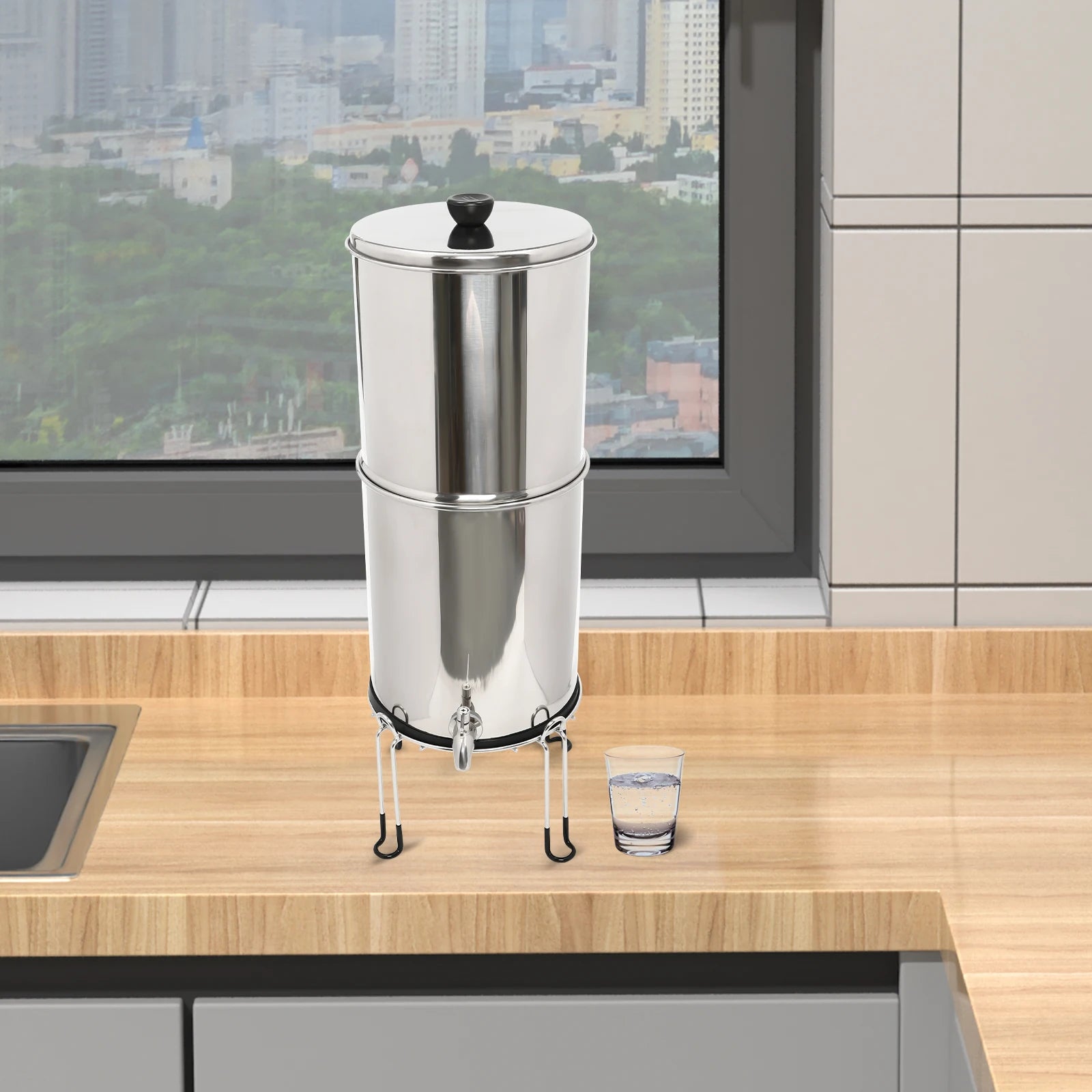 Gravity-fed Water Filter System, 2.25 Gallon Stainless Steel Countertop System with 2 Silver-loaded Carbon Rod Filters