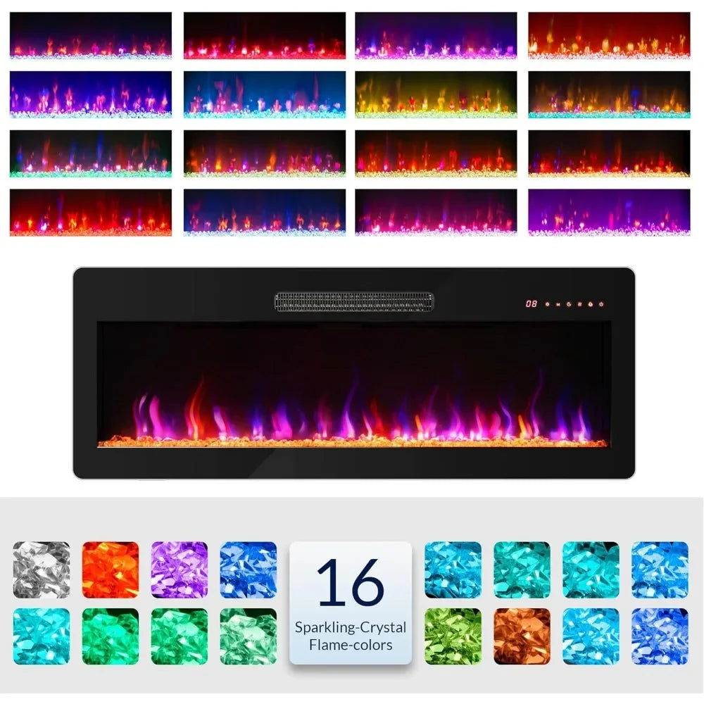 42" Electric Fireplace,  Heater with Adjustable Flame Color and Brightness, 1400 W Recessed and Wall Mounted Electric Fireplace