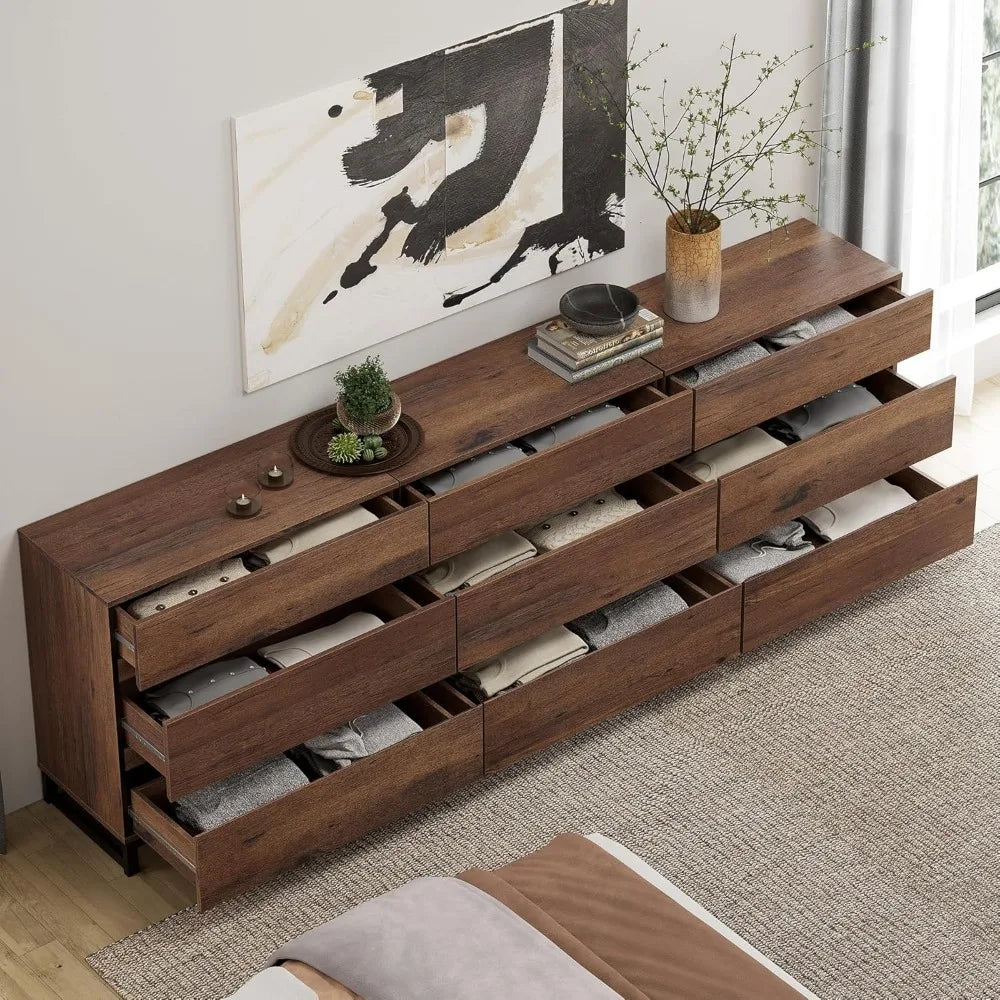 Dresser for Bedroom, Closet Organizers and Storage with 9 Drawers, Chest of Drawers with Metal Base, Wooden Modern Dresser for