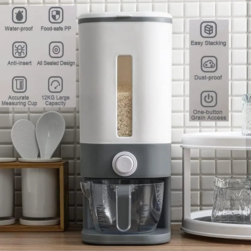 25 Lbs Rice Dispenser, Large Grain Container Storage with Lid Measuring Cylinder Moisture Proof Household Cereal Dispenser