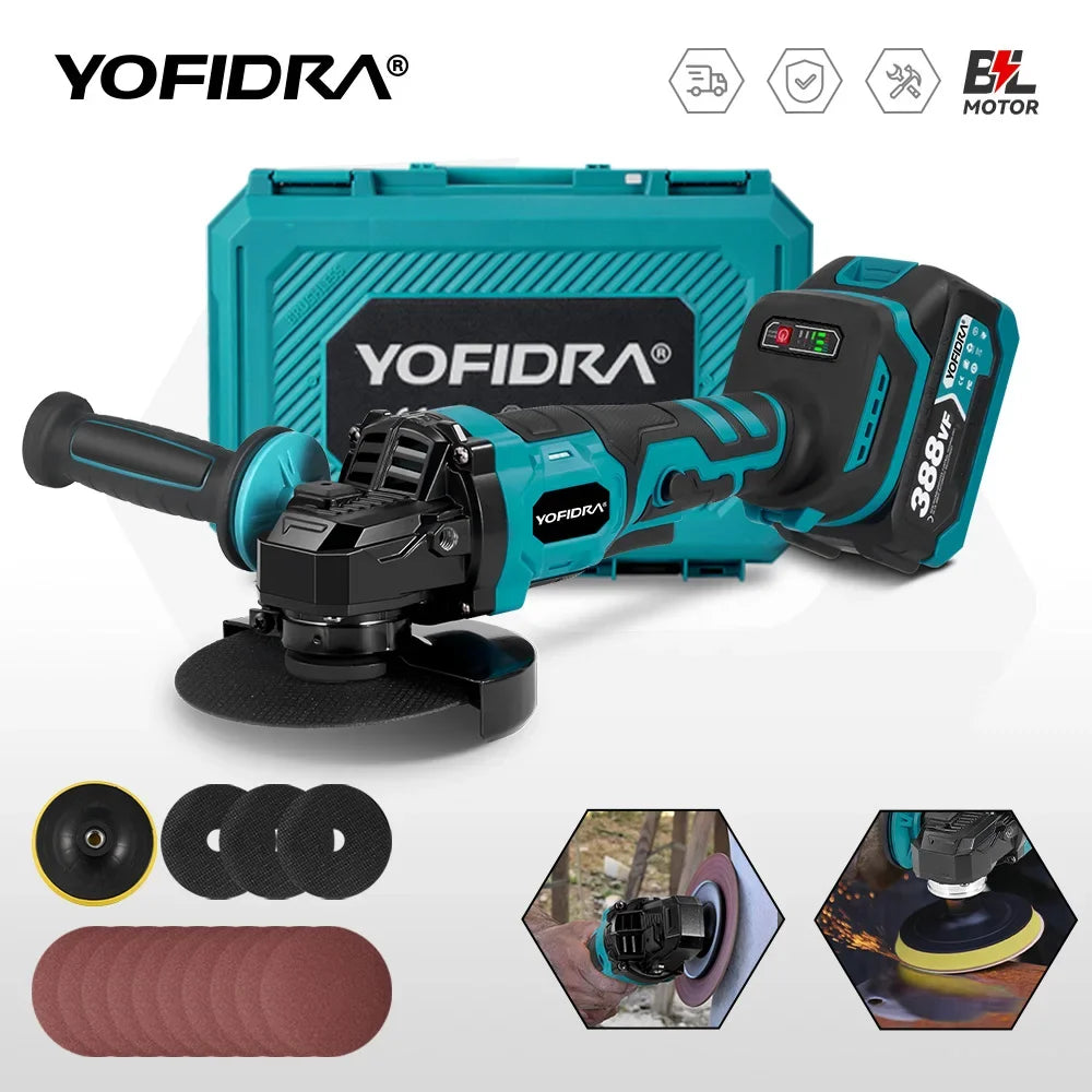 YOFIDRA 125mm Brushless Angle Grinder 3 Gears M14 Cordless Electric Impact Grinding Power Tool For Makita 18V Battery Pin