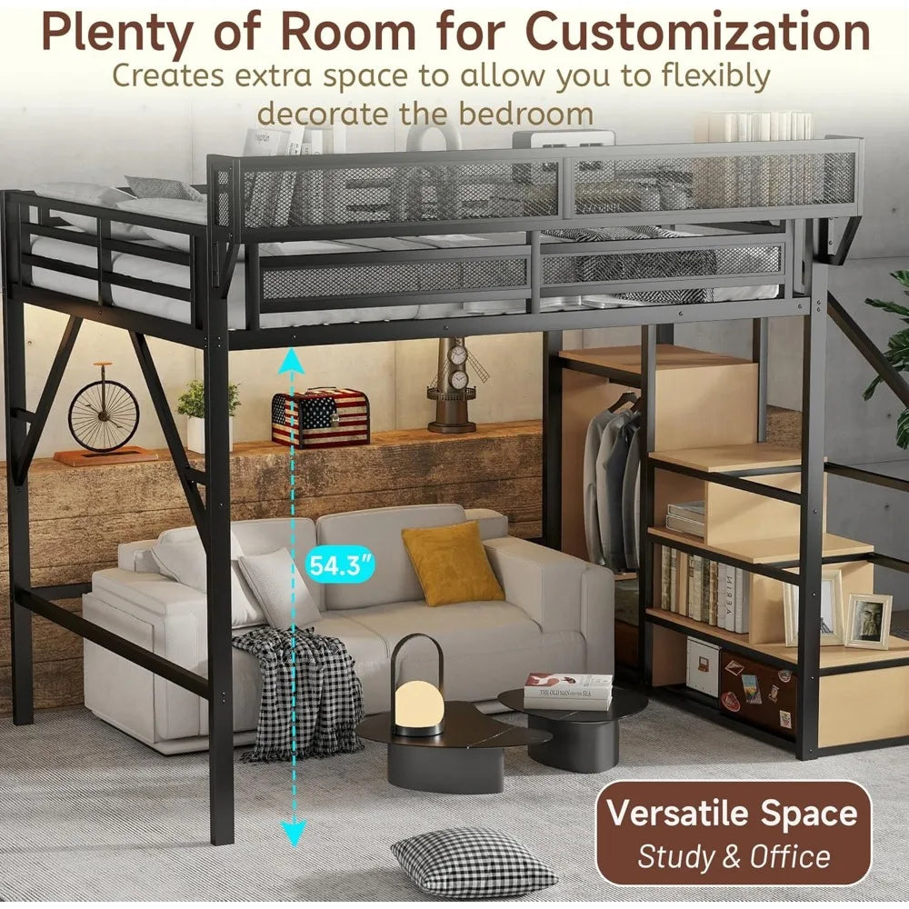 Full Size Loft Bed with Stairs and Storage, Metal Loft Bed Frame with Bedside Shelf and Large Under-Bed Space, Heavy-Duty Bed fo