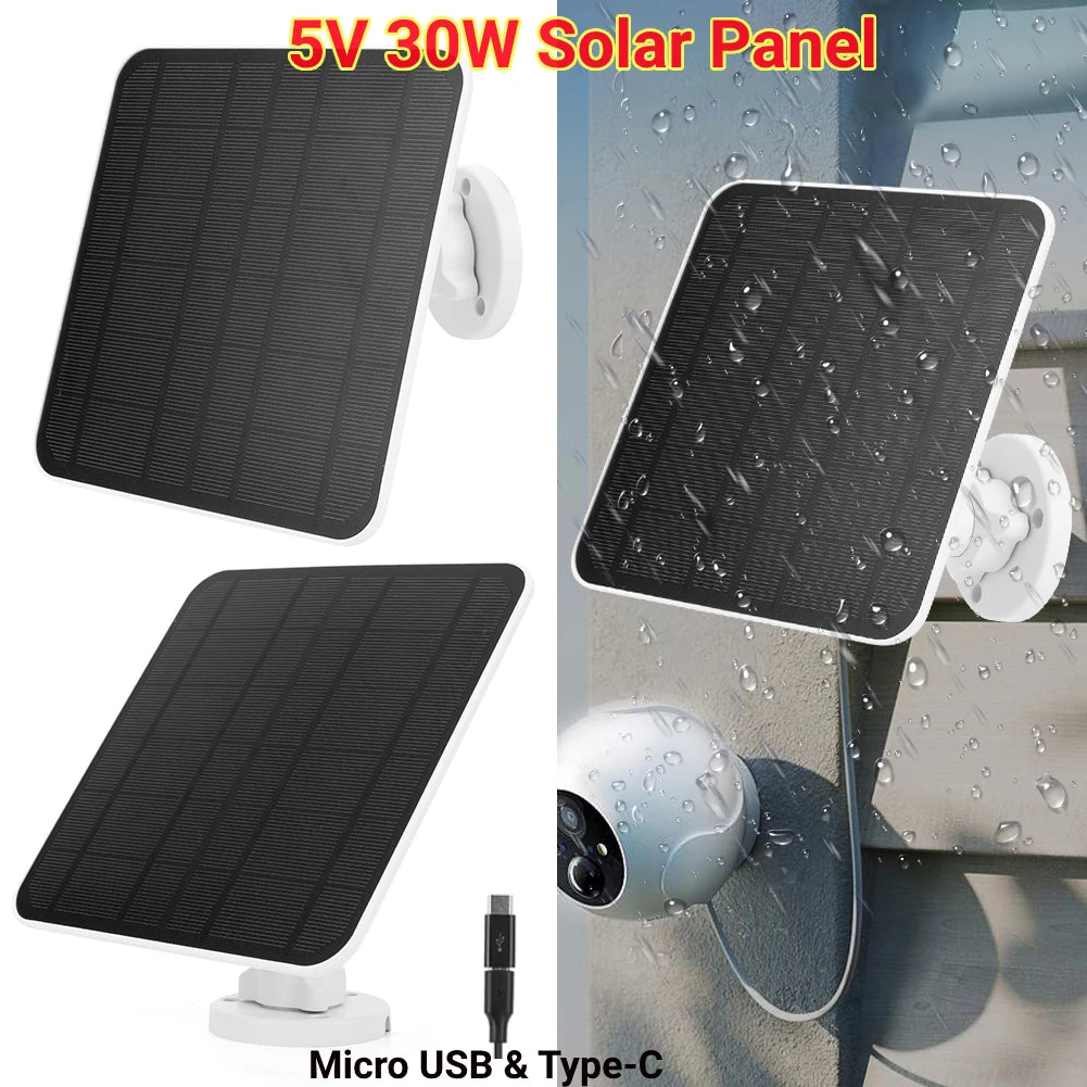5V 30W Solar Panel Micro USB & Type C Port 9.8 Ft Charging Cable 360°Adjustable Mounting for Security Camera for Eufycam 3/3C/2