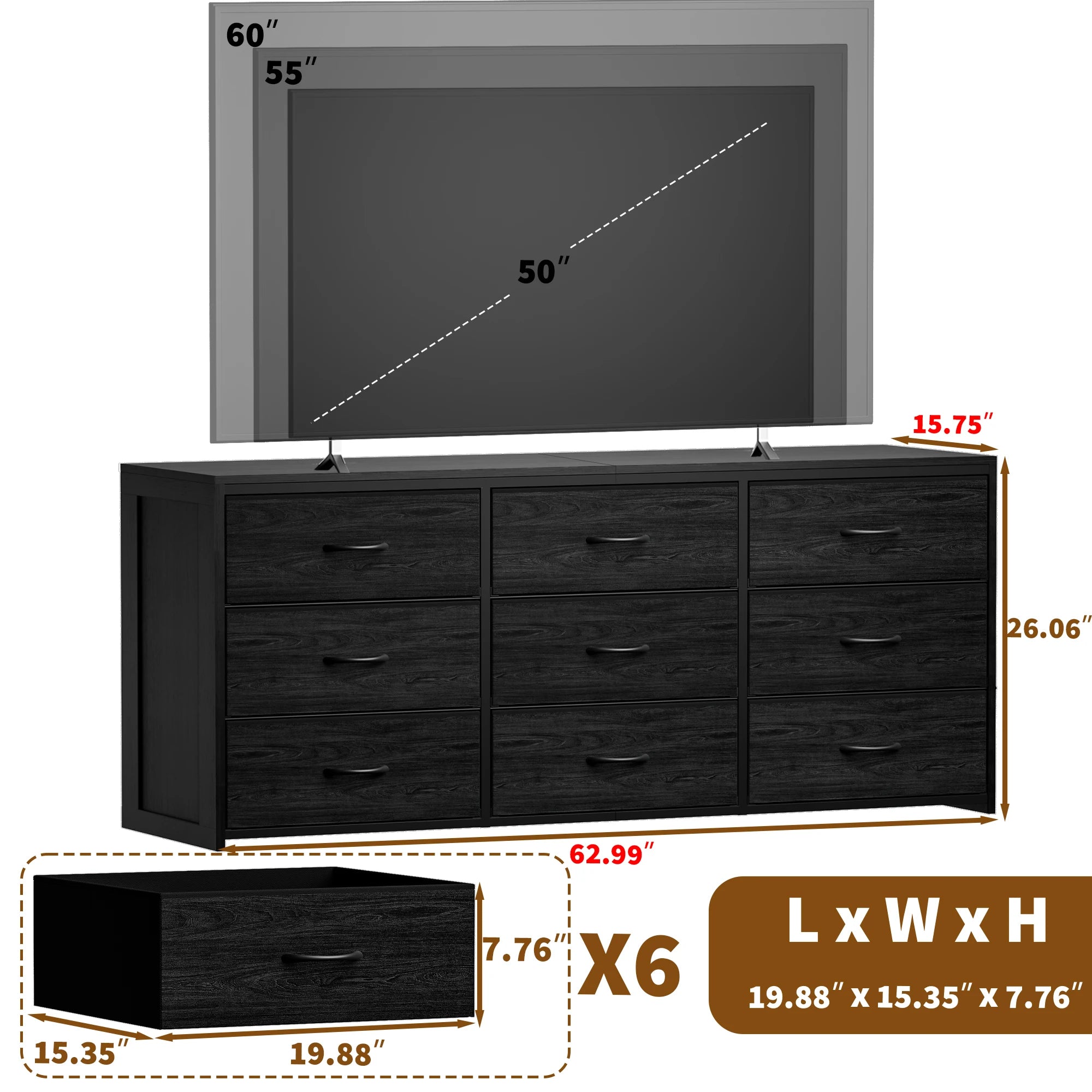 9 Drawer Dresser, Wide Chest Of Drawers Nightstand Storage Tower Storage Dresser Fabric Dresser With Wood Top Chest of Drawers
