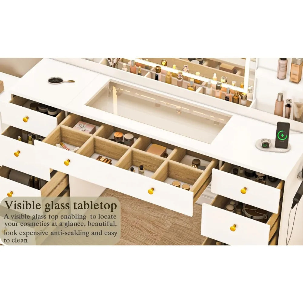 Makeup Vanity Desk with Large LED Mirror and Charging Station, 3 Lighting Modes Brightness Adjustable