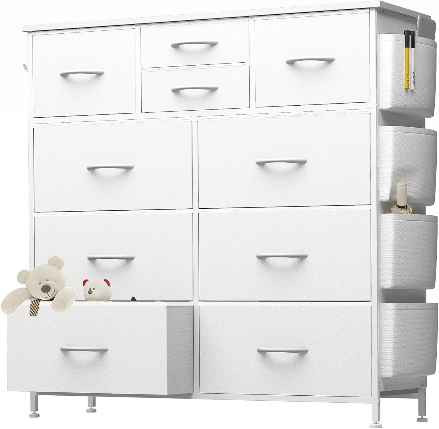 10 Drawer Dresser, Chest Of Drawers For Bedroom, Pu Dresser With Side Pockets, Hooks, Wooden Top And Sturdy Metal Frame For