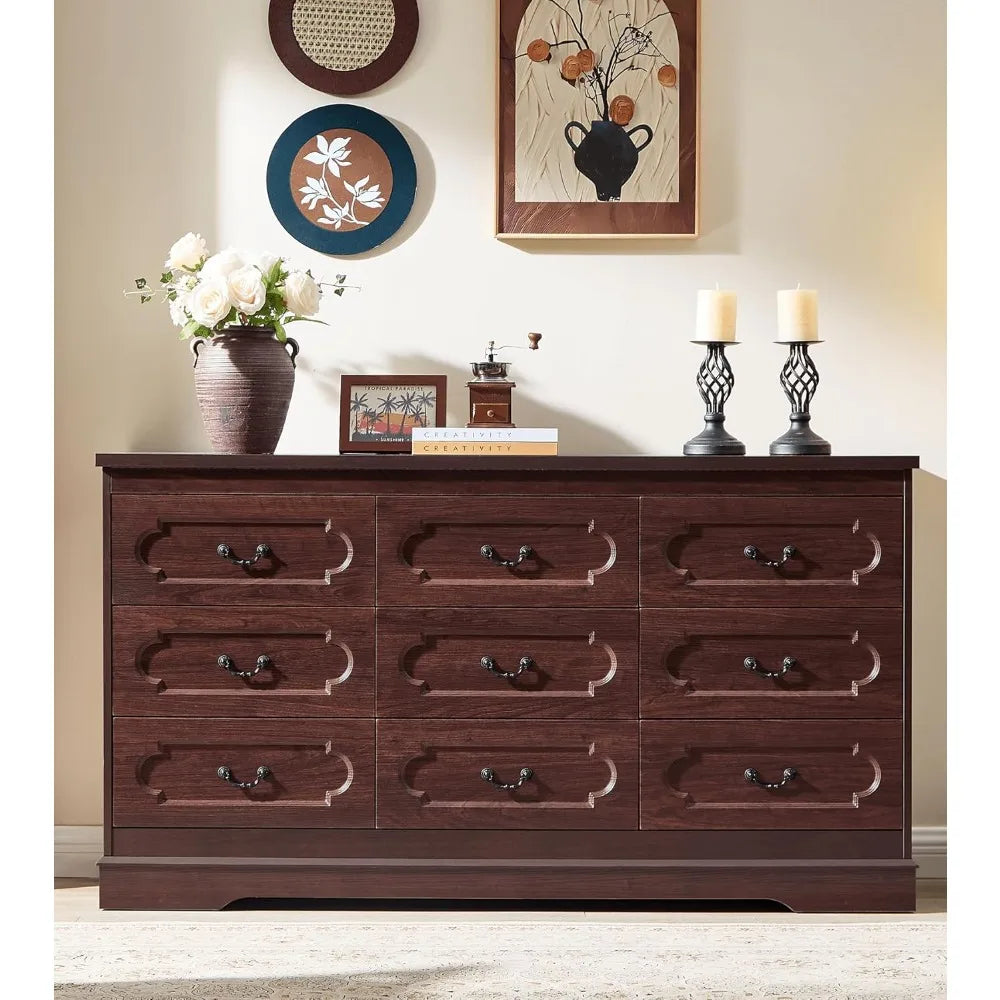 9 Drawer Dresser for Bedroom Farmhouse Cherry Tall Wood Chest of Drawers for Bedroom Dresser, Mode  Rustic Wide Drawers Dressers